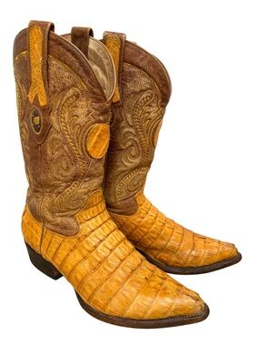VTG Cuadra Caiman Leather Western Cowboy Boots Honey Hornback J Snip Toe Mens 9